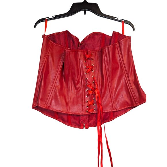 Red Vegan Leather Lace-Up Corset Top With Front Zipper Closure - Picture 3 of 5